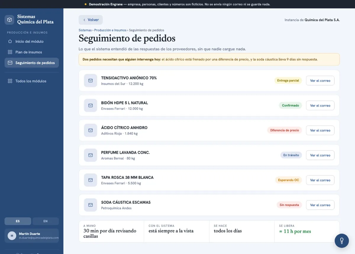 Le suivi des commandes fournisseurs, sans saisie manuelle. Capture d'écran du projet