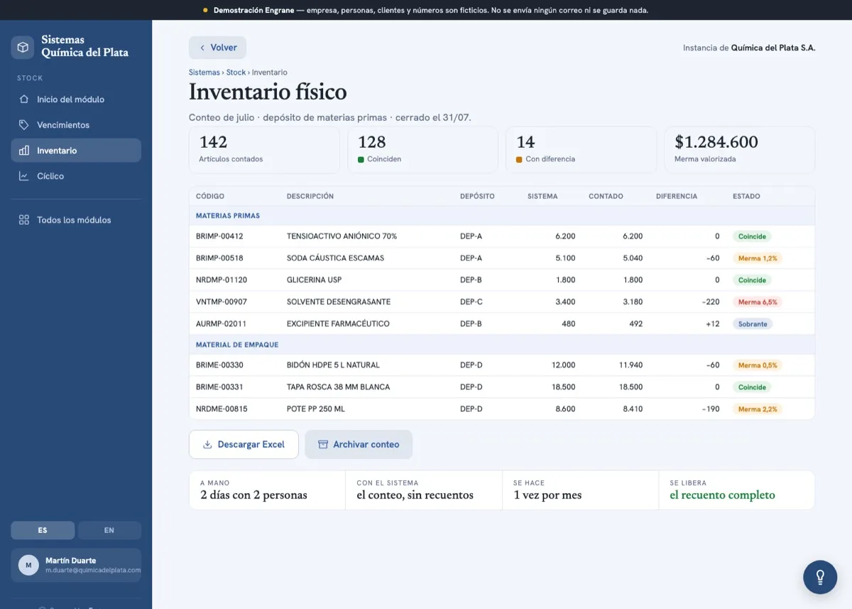 Un inventaire unique pour le stock et la qualité. Capture d'écran du projet