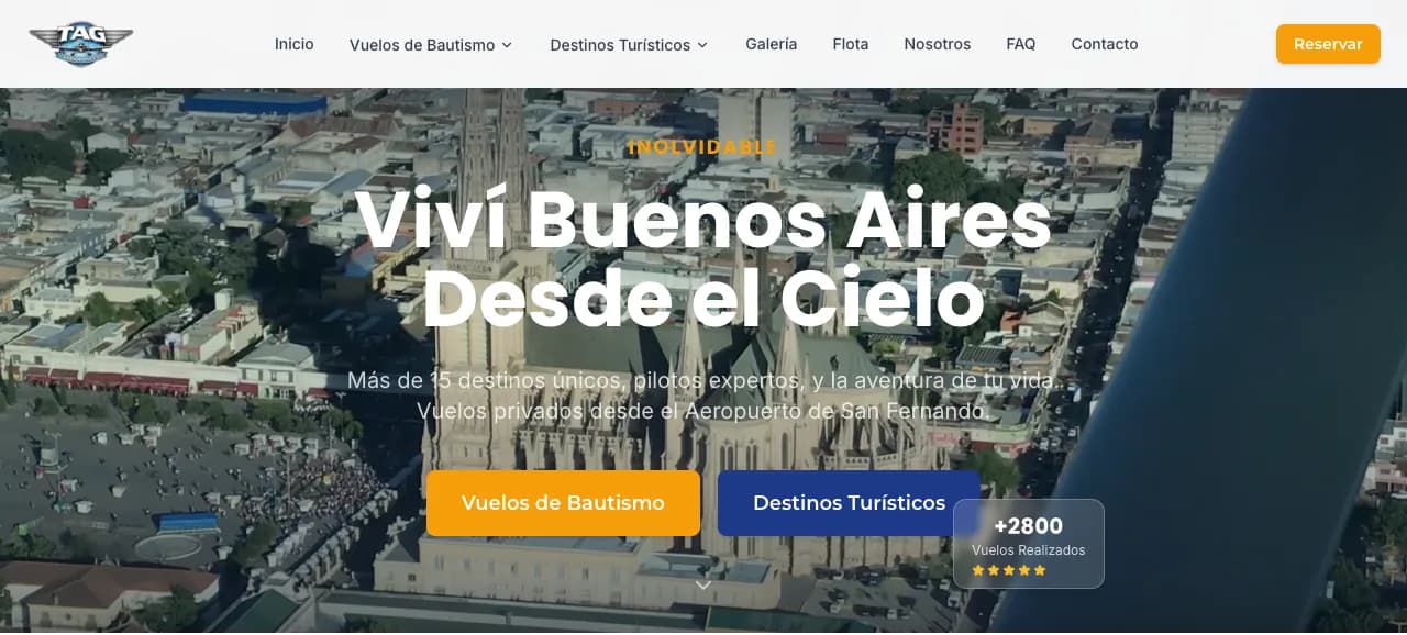 Le site et les réservations d'un opérateur de vols d'expérience. Capture d'écran du projet